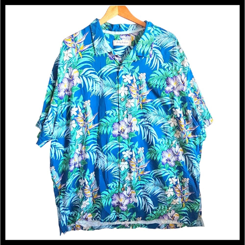 Tommy Bahama Silk Hawaiian Shirt Tropical Floral Print Button Up Blue Size 3XL
